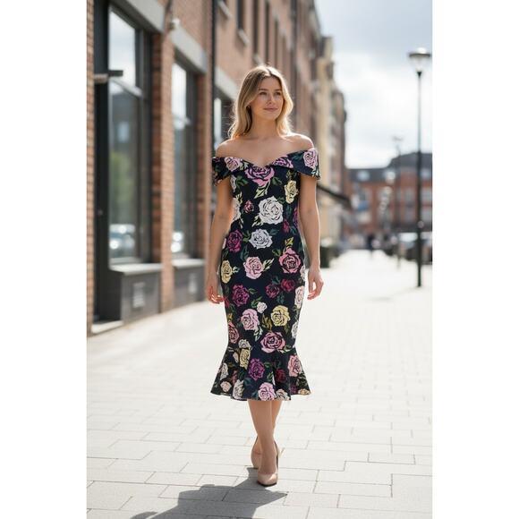 Janie Bryant for Unique Vintage Dresses & Skirts - Janie Bryant x Unique Vintage Rose Print Off Shoulder Wiggle Dress Large NWT